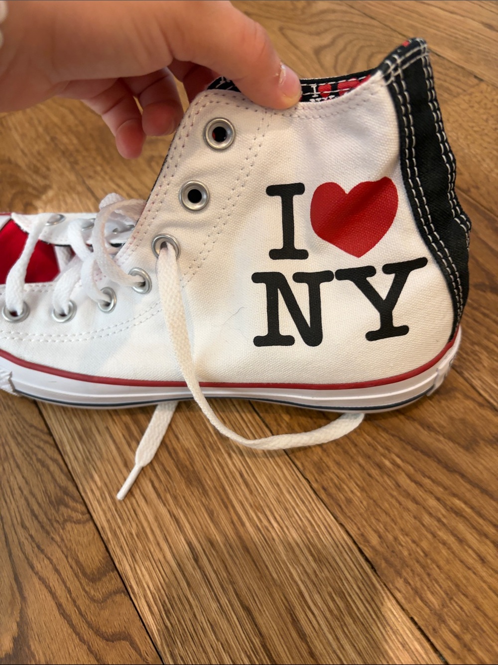 Converse White High-Top Sneakers with Red Tongue and Trim